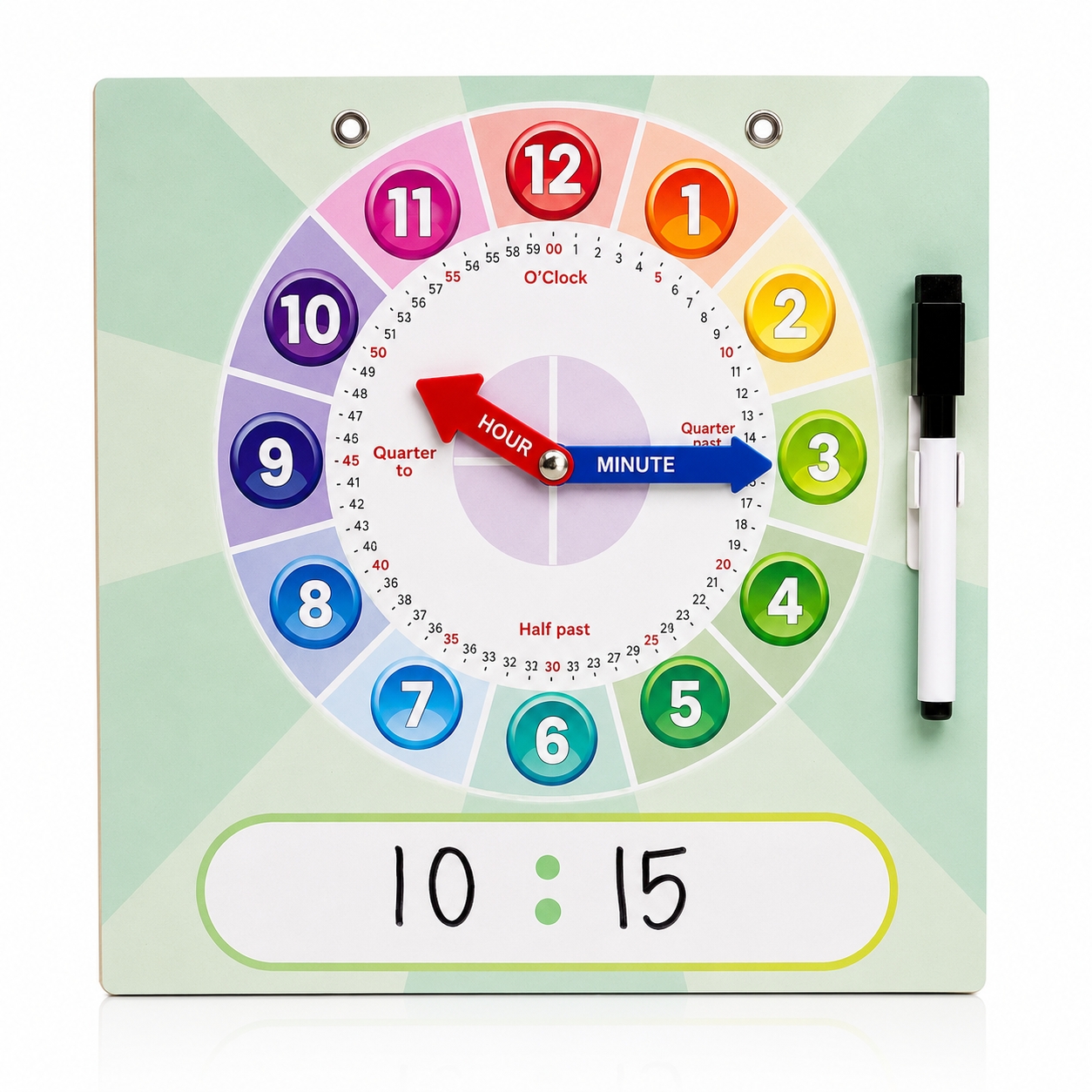 🕒 Teaches Analog & Digital Time
Children learn hours, minutes, quarter past, half past, and quarter to through hands-on practice.