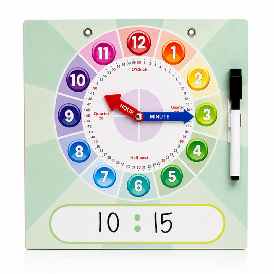 🕒 Teaches Analog & Digital Time
Children learn hours, minutes, quarter past, half past, and quarter to through hands-on practice.