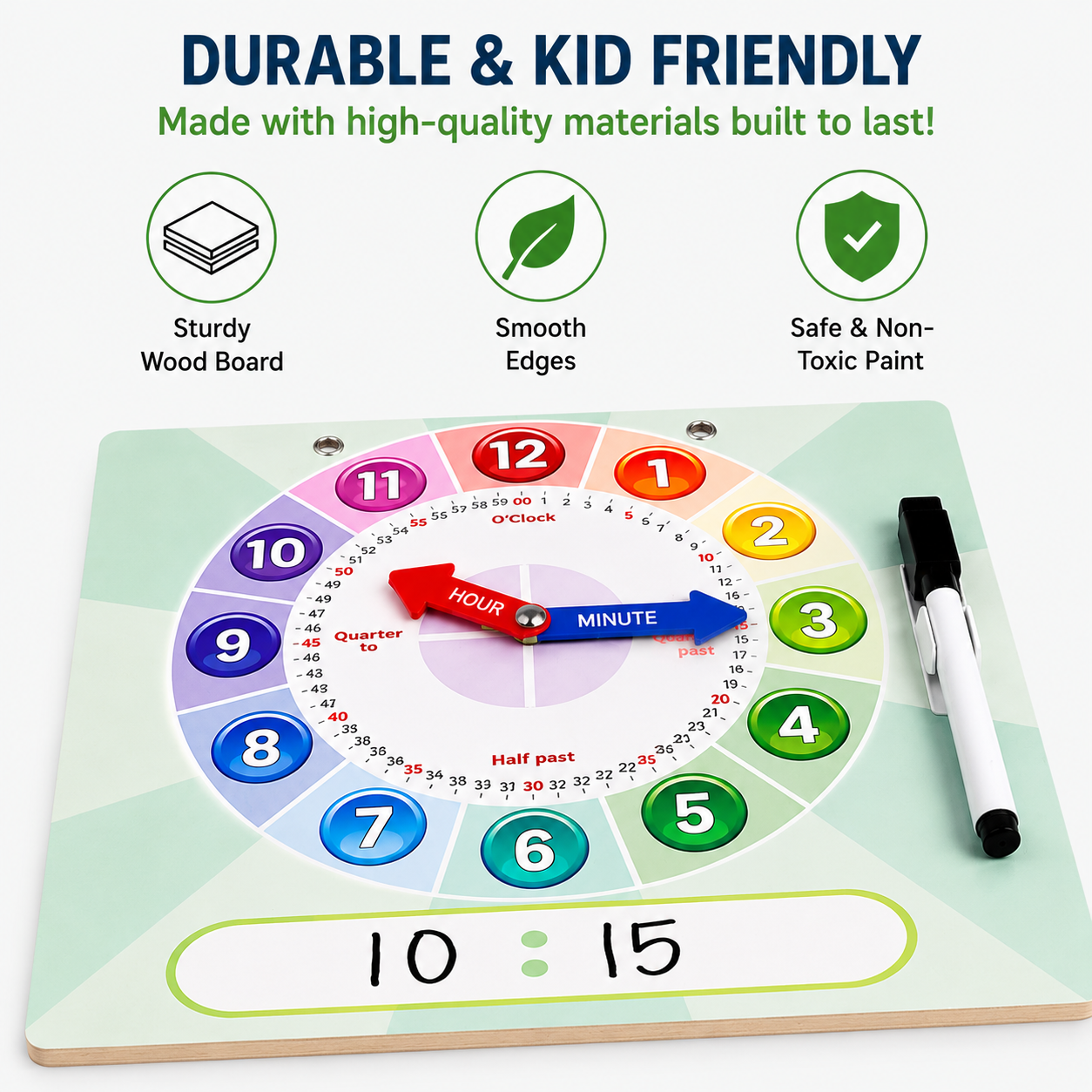 🔄 Movable Hour & Minute Hands
Interactive hands help children physically set the correct time while learning.